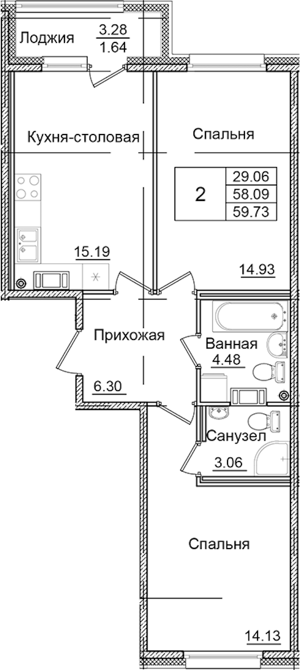 2-комнатная квартира 59.73 м², 9/9 эт., ЖК «Квартал Заречье»